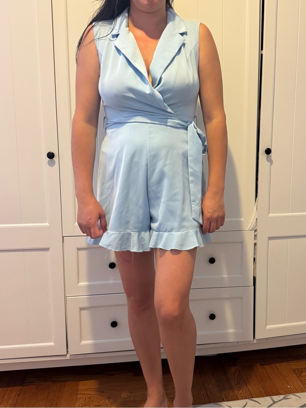 Light Blue Wrap Romper with Ruffle Hem